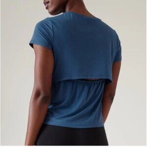 ATHLETA Air Out Cinch Tee Blue Short Sleeve Open Back Workout Top Size XS